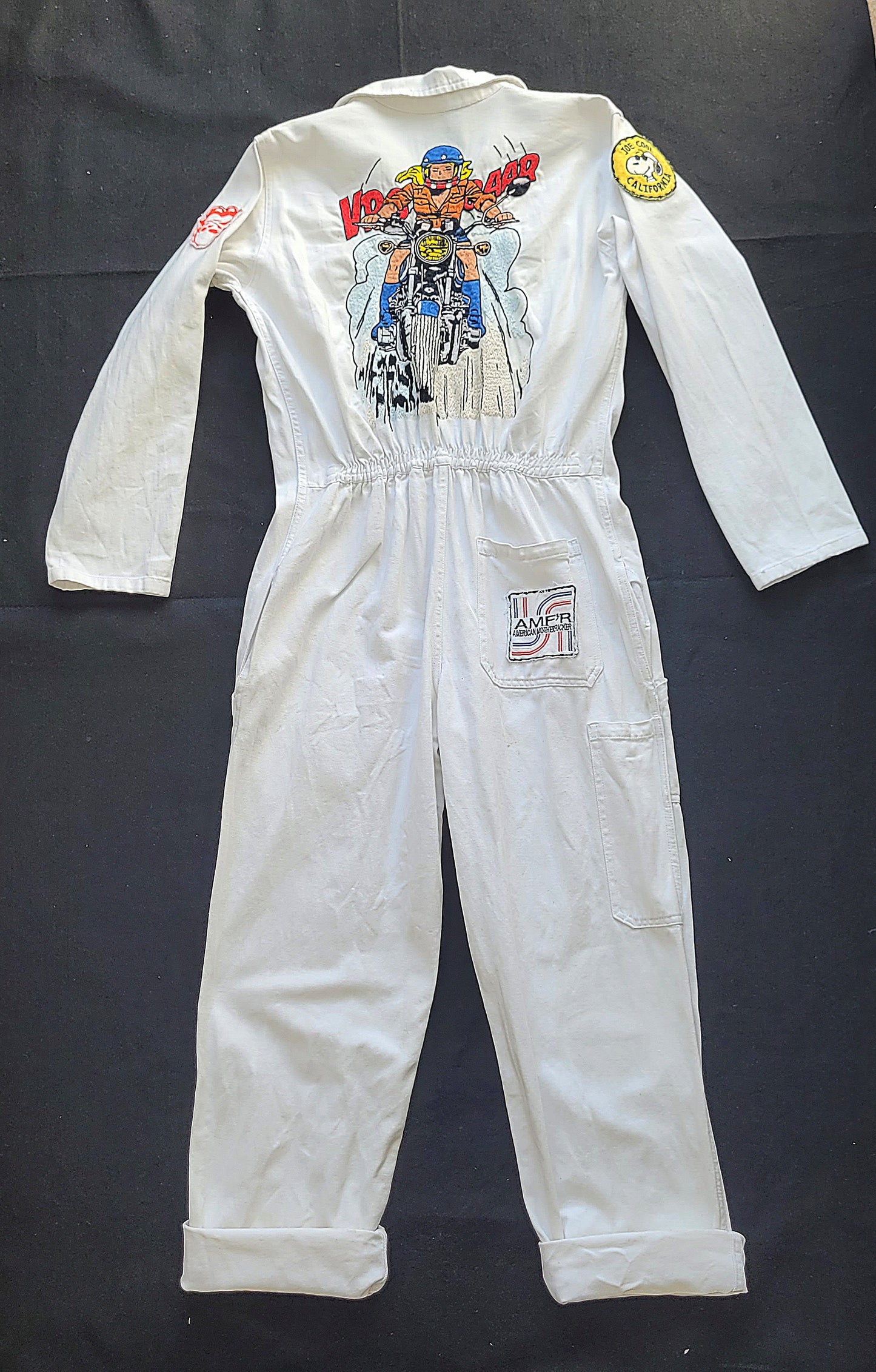 Handembroidery Vintage White Coverall "The Girl on motorcycle " signed by Punk and Coton - PUNK & COTON