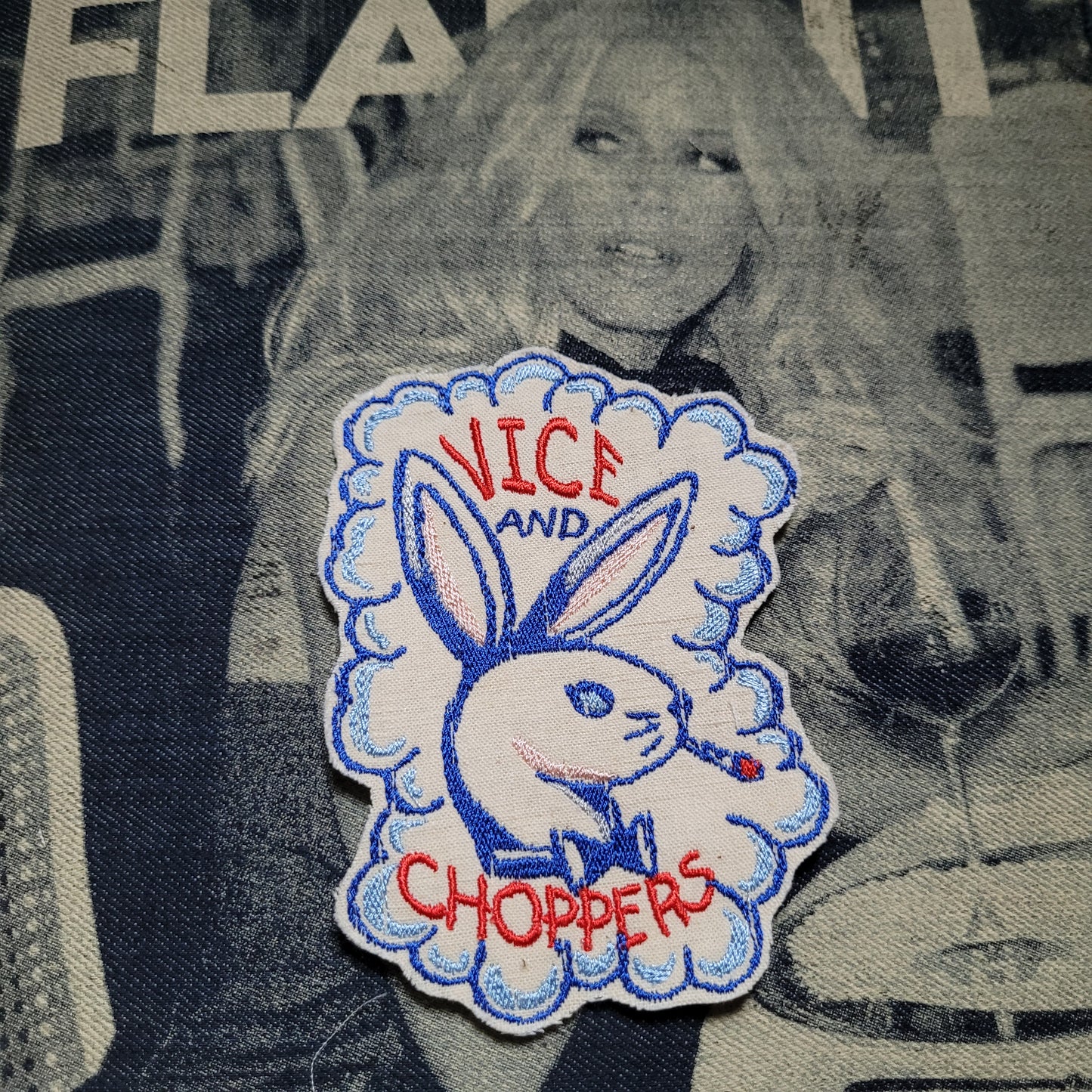 Patch Brodé "Vice and Choppers" 1ère Version Bleue EN VIEUX TISSU COTON - PUNK & COTON