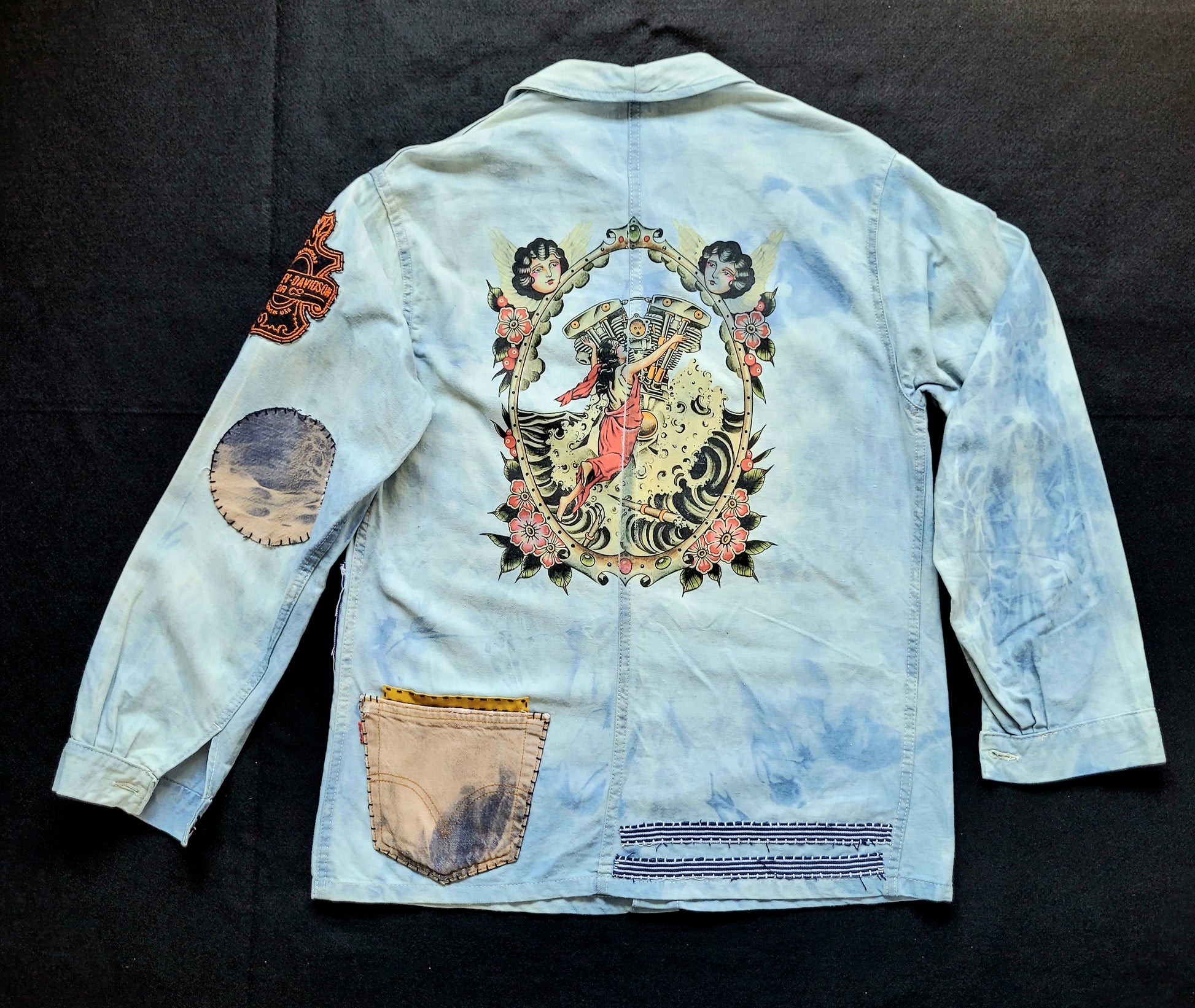 Veste de Travail française personnalisée "The angels and the motorcycle " TATTOO OLD SCHOOL - PUNK & COTON