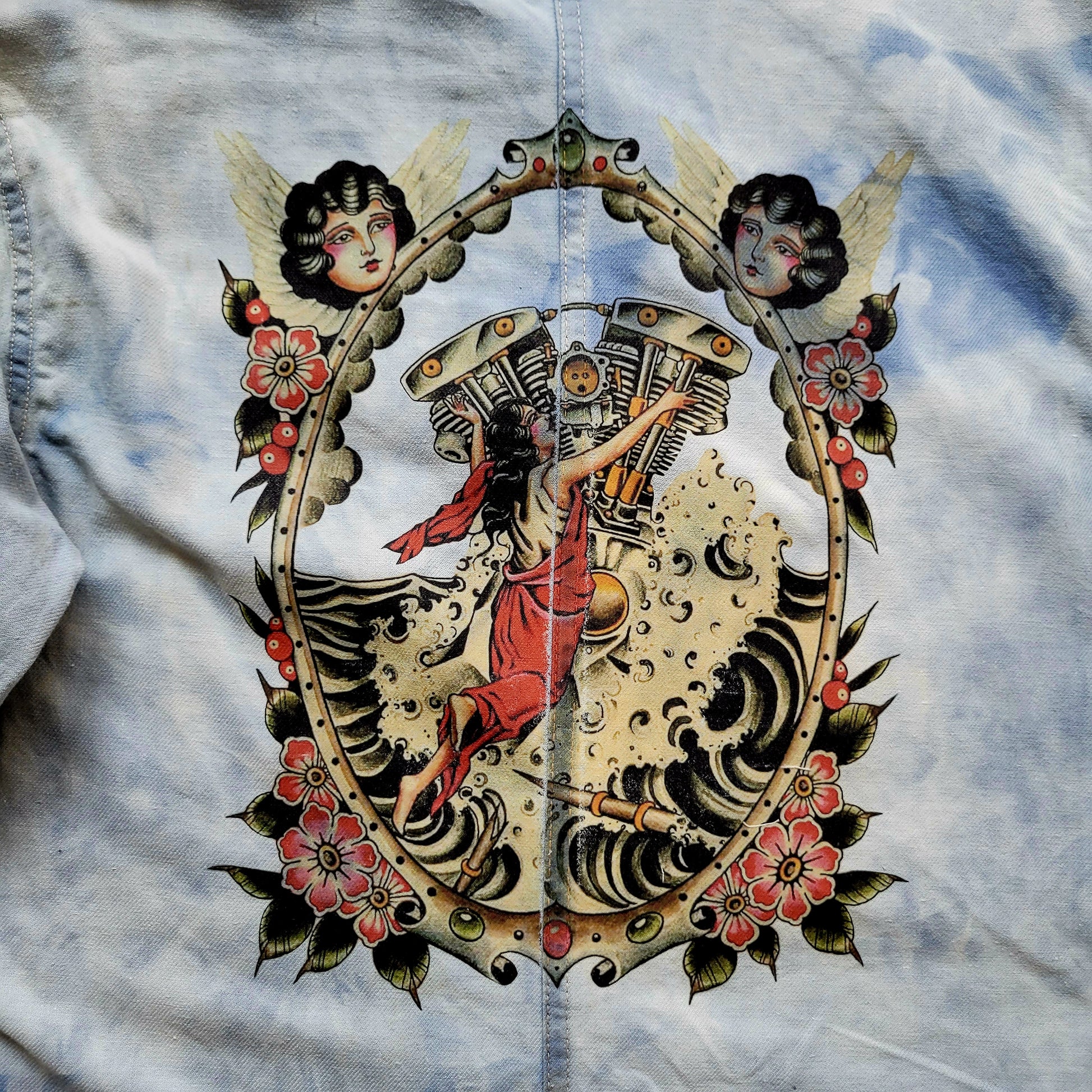 Veste de Travail française personnalisée "The angels and the motorcycle " TATTOO OLD SCHOOL - PUNK & COTON