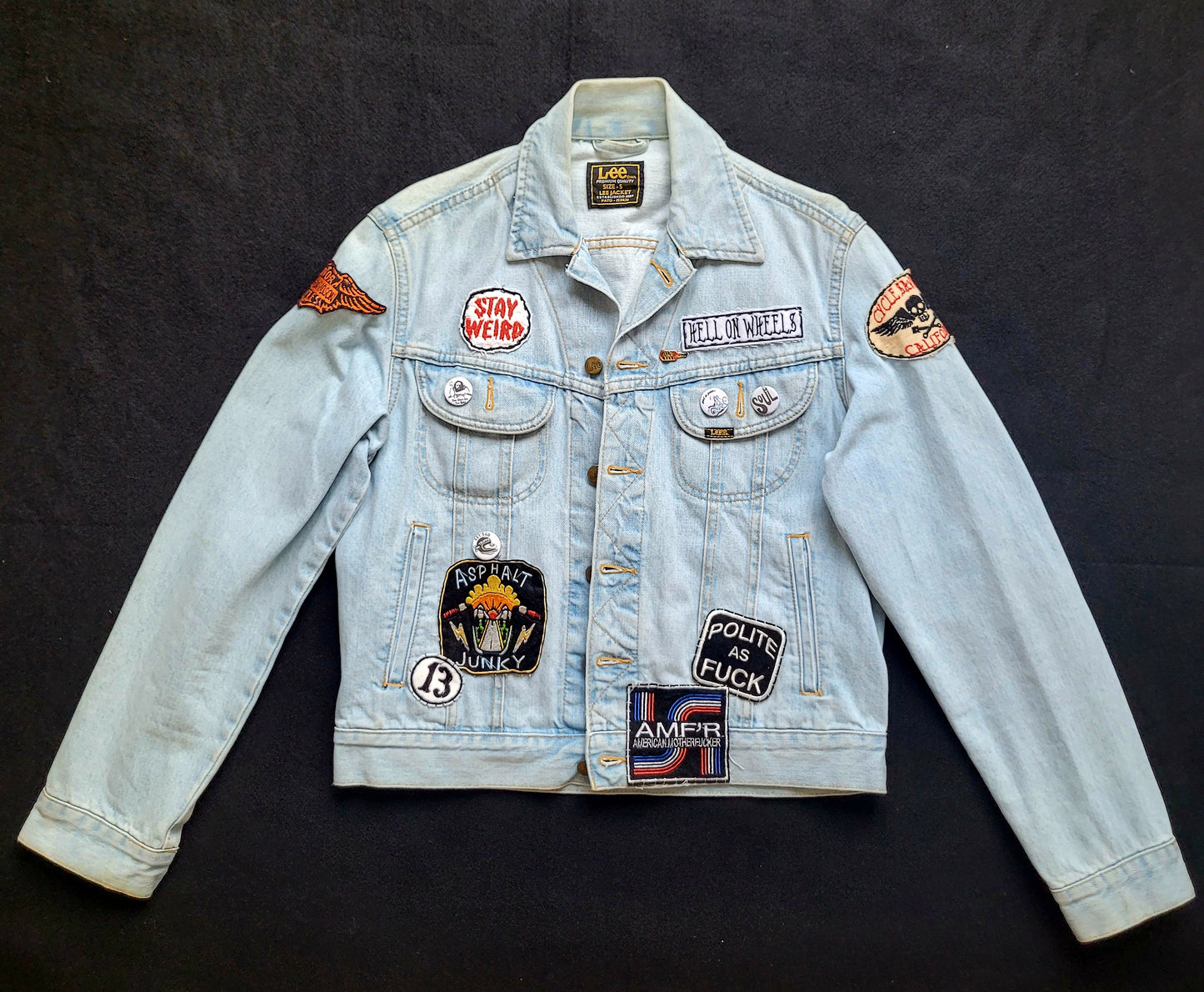 Handpainted Lee "Blacklight Chopper Motorcycle " in memory by Barry Lynn Hanson 1972 signed by the Shop Punk and Coton & Sophie - PUNK & COTON