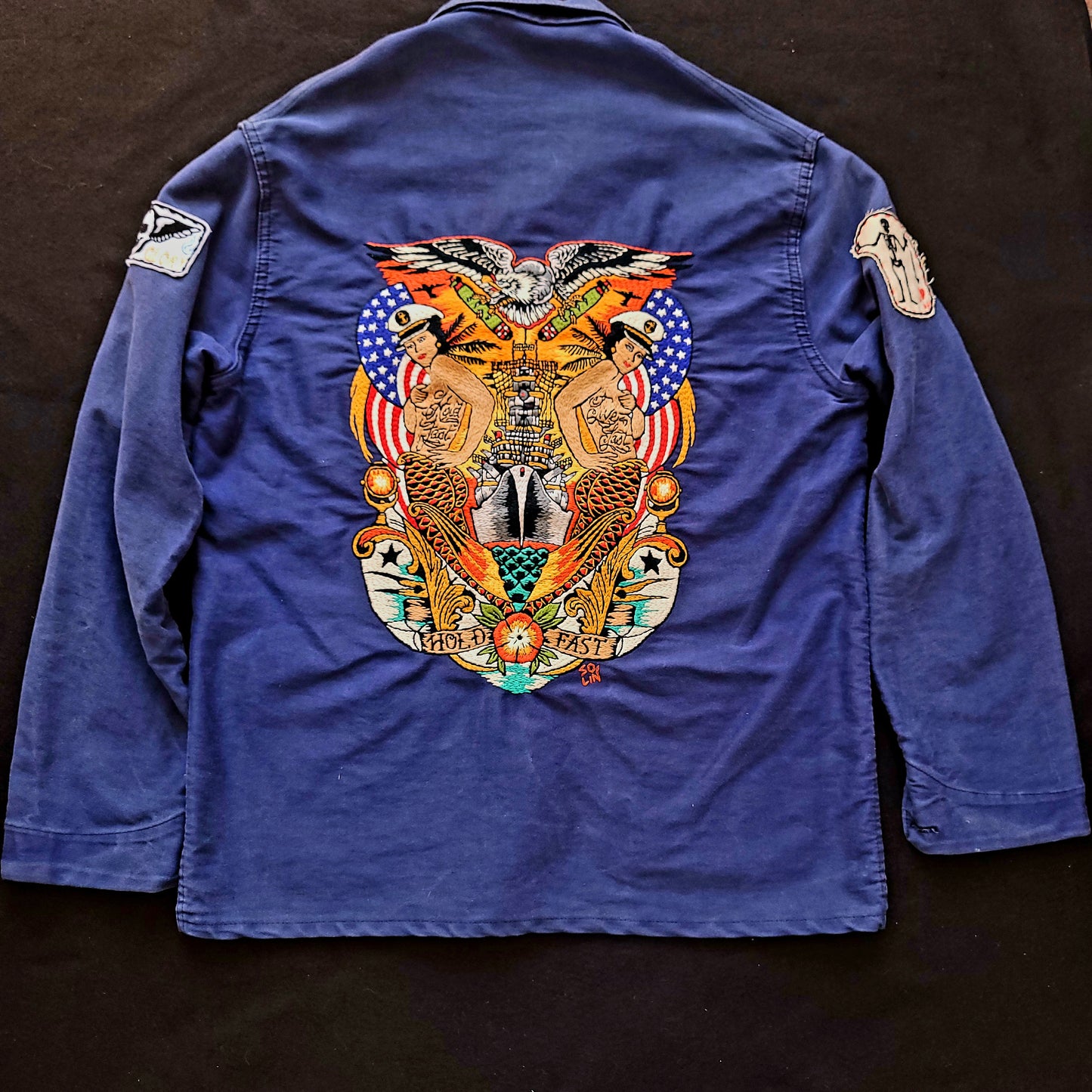 Deadstock french 50's moleskin fatigue vest hand embroidered by hand - PUNK & COTON