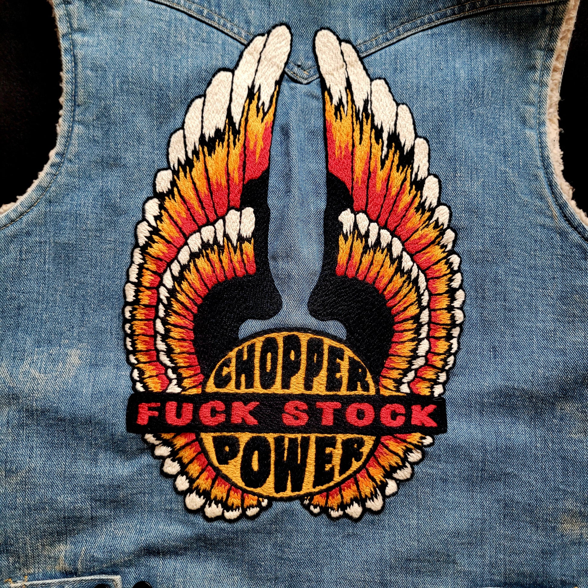 Jacket Storm Rider "Chopper Power Fuck Stock" brodée à la main par Sophie - PUNK & COTON