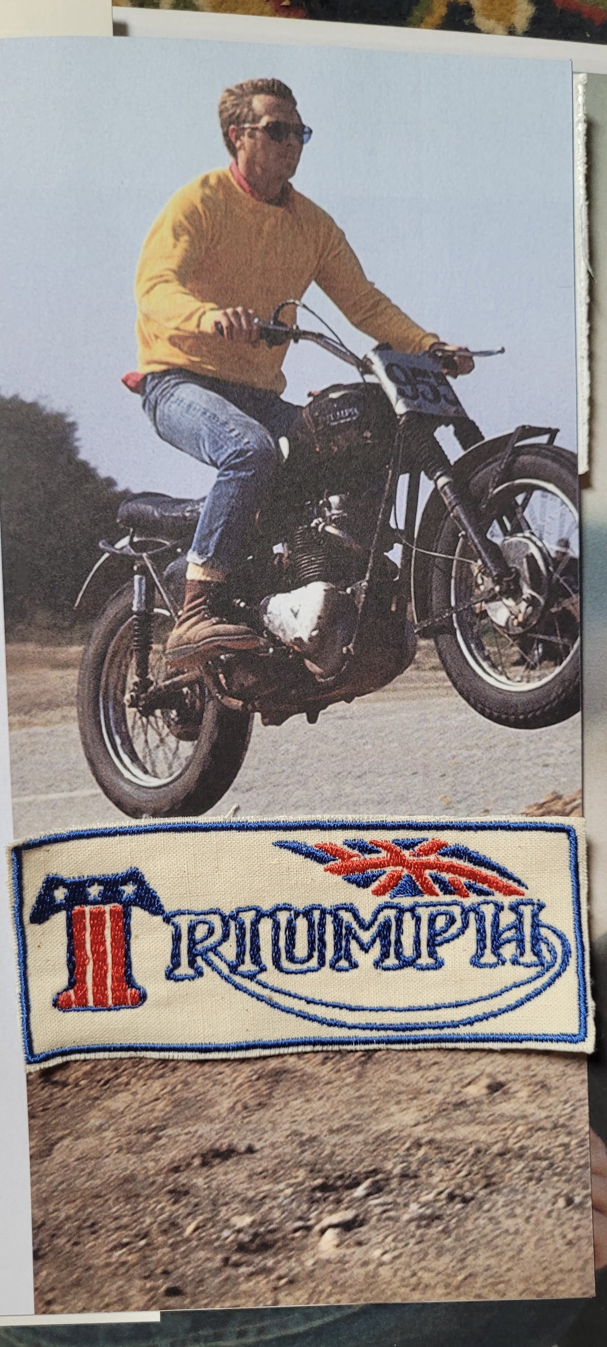 Patch Brodé "Triumph vintage" 2eme version rectangle bleu EN  VIEUX TISSU COTON