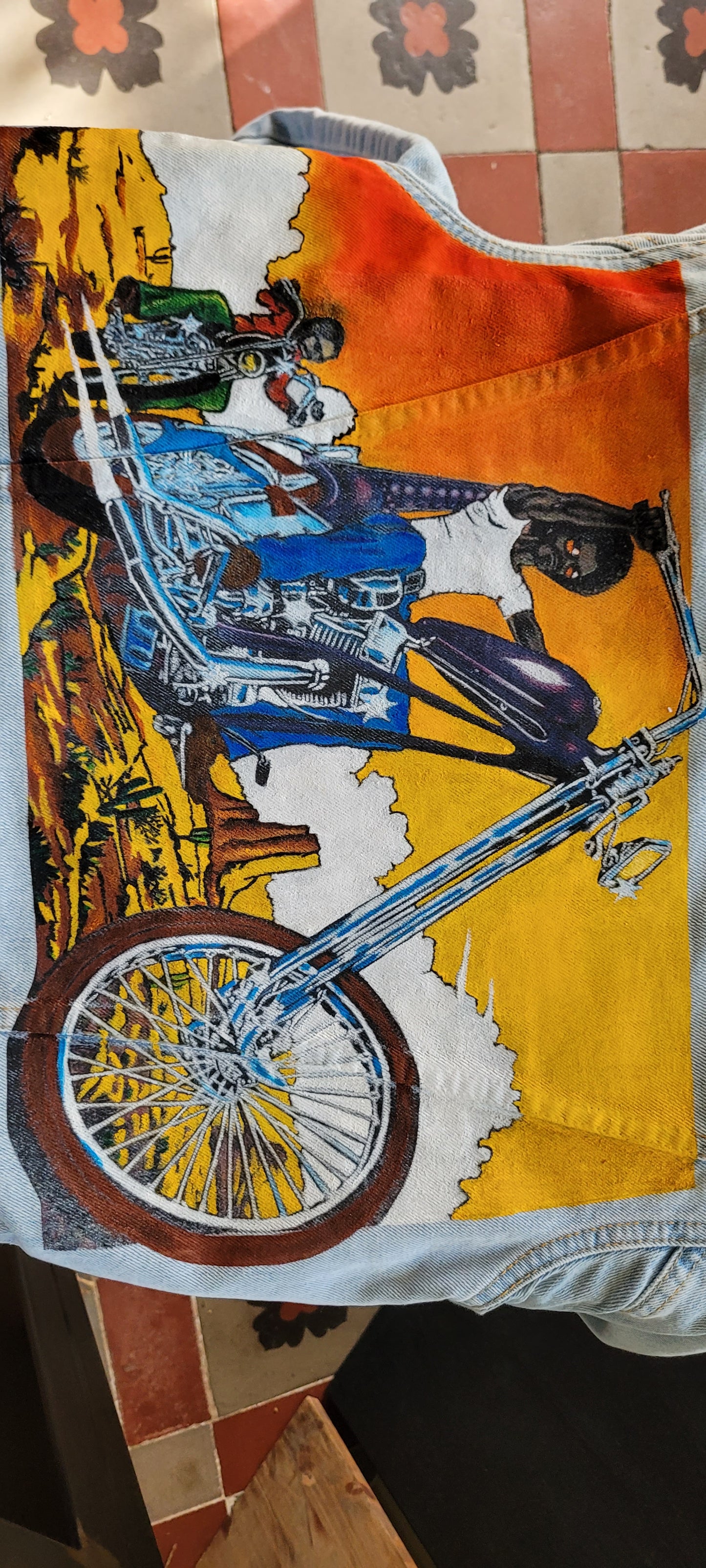 Handpainted Lee "Blacklight Chopper Motorcycle " in memory by Barry Lynn Hanson 1972 signed by the Shop Punk and Coton & Sophie - PUNK & COTON