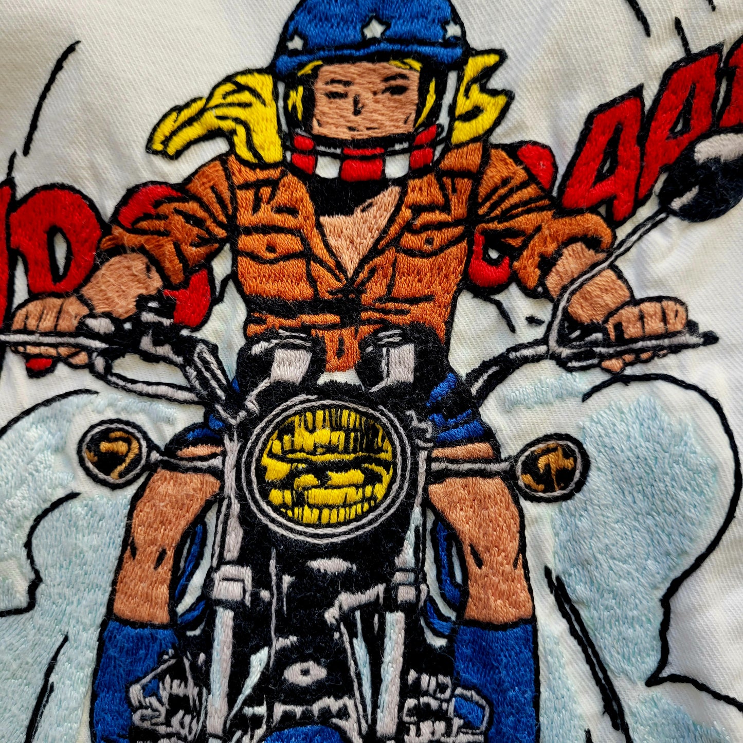 Handembroidery Vintage White Coverall "The Girl on motorcycle " signed by Punk and Coton - PUNK & COTON