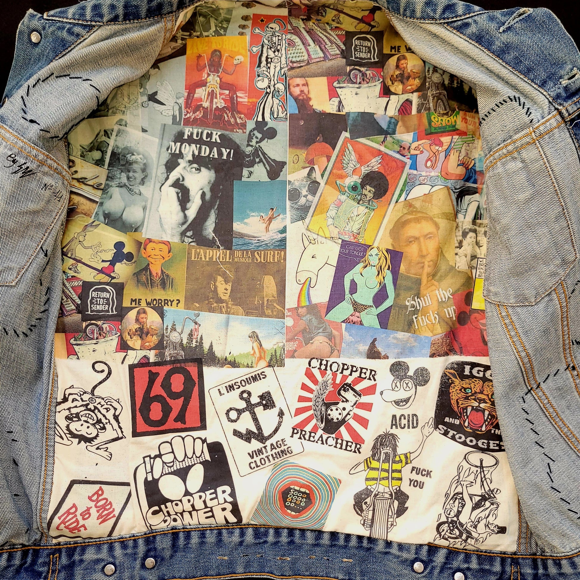 Biker gang cut handembroidered with sin printed liner/veste sans manche Levis avec broderie, patchs et doublure interne - PUNK & COTON