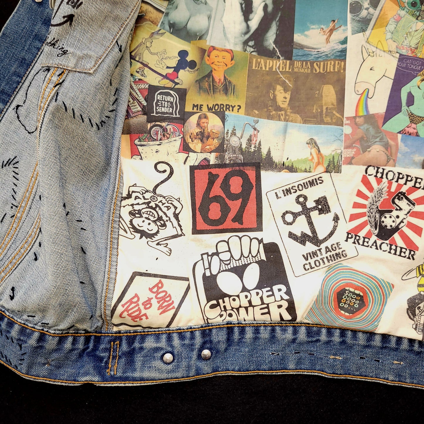Biker gang cut handembroidered with sin printed liner/veste sans manche Levis avec broderie, patchs et doublure interne - PUNK & COTON
