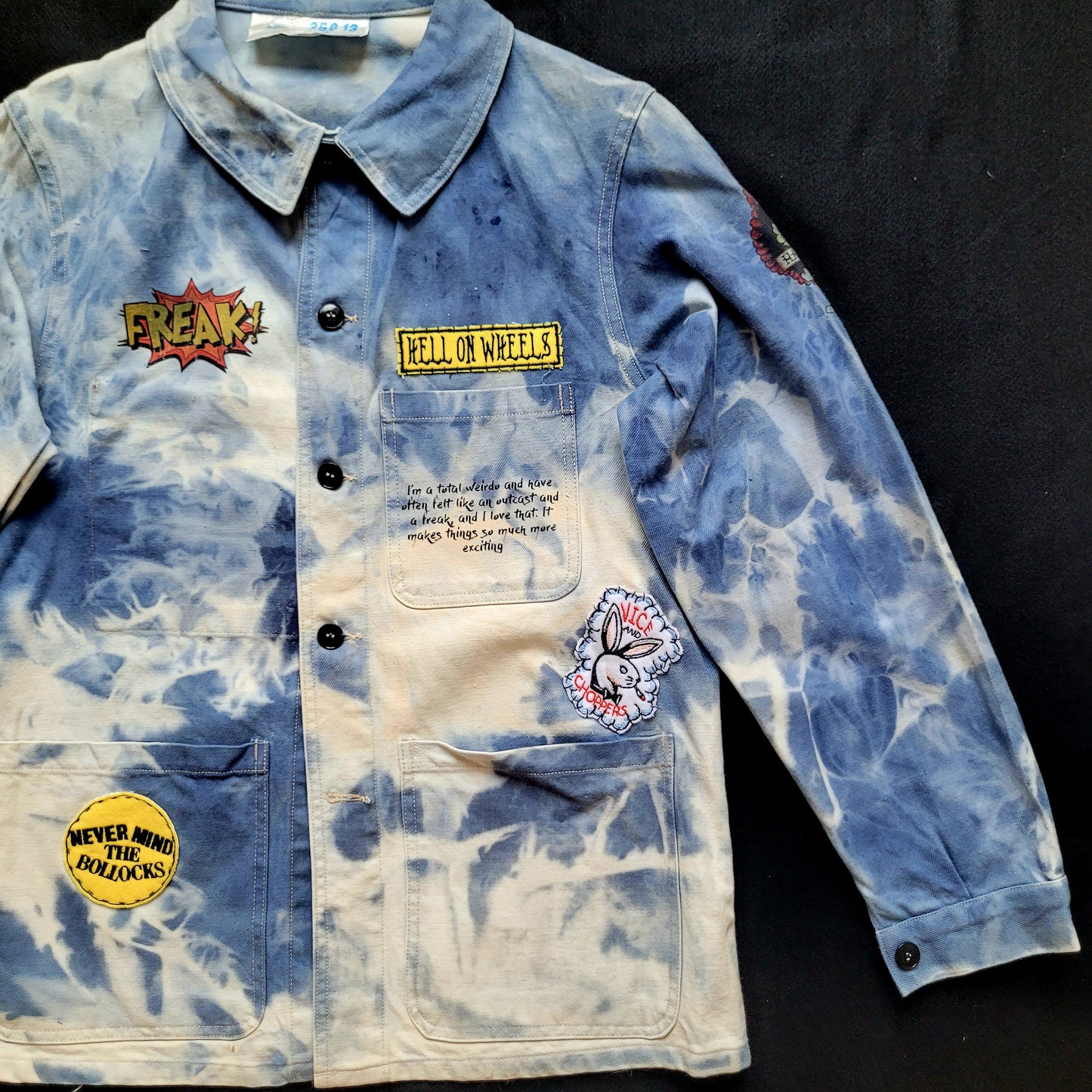 New French Workwear Jacket bleached in loving  memory to the artist Pan signed by the Shop Punk and Coton