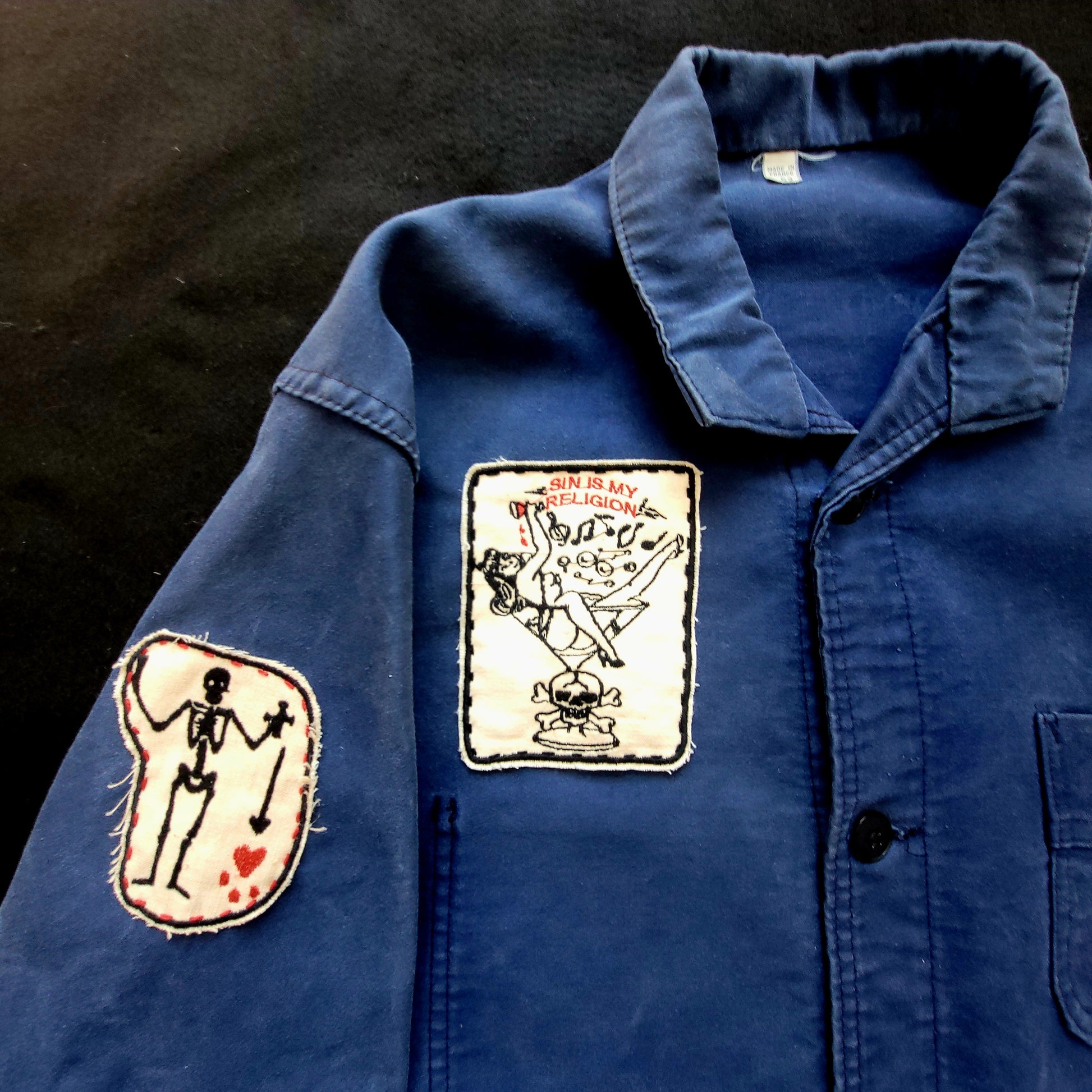 Deadstock french 50's moleskin fatigue vest hand embroidered by hand - PUNK & COTON