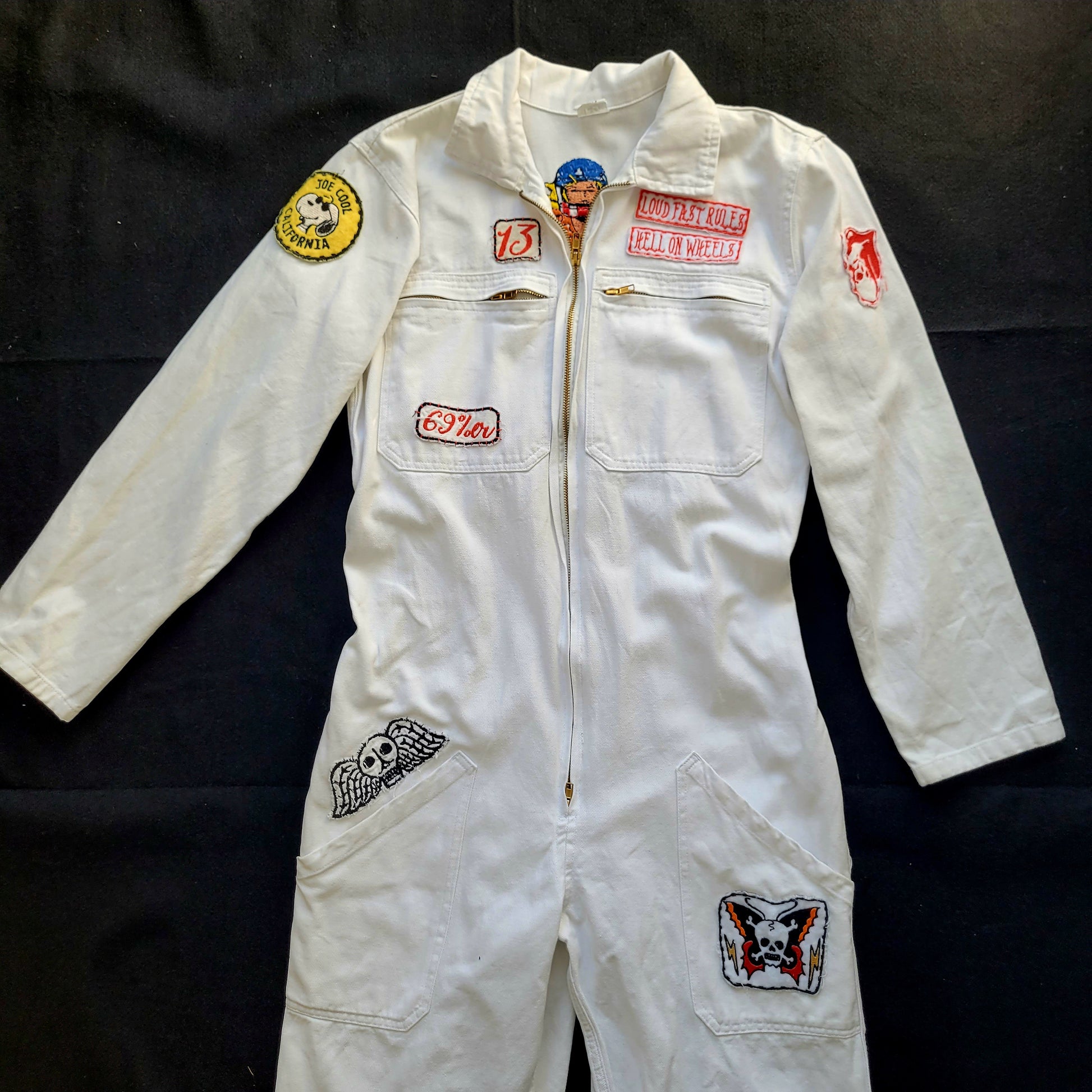 Handembroidery Vintage White Coverall "The Girl on motorcycle " signed by Punk and Coton - PUNK & COTON