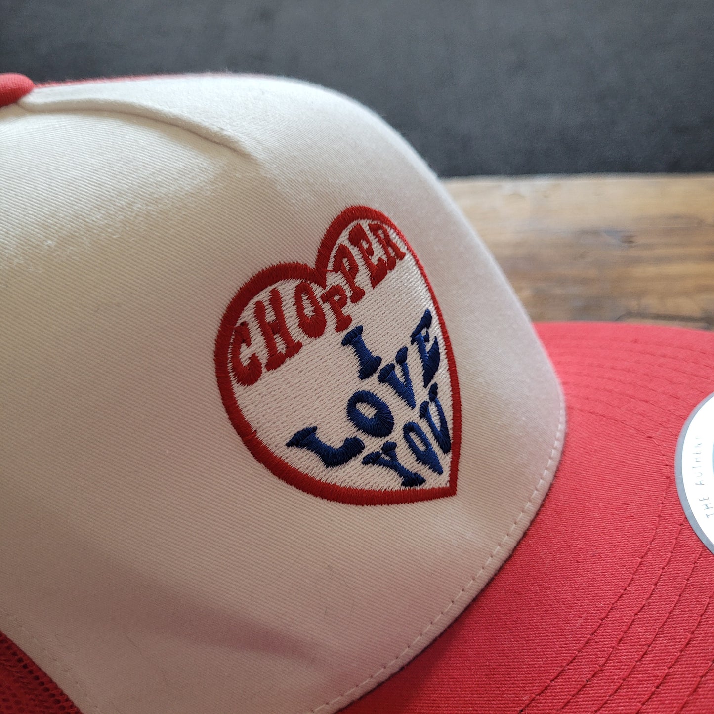 Trucker Cap  Brodé "CHOPPER I LOVE YOU" Version Fond Blanc / Rouge - PUNK & COTON