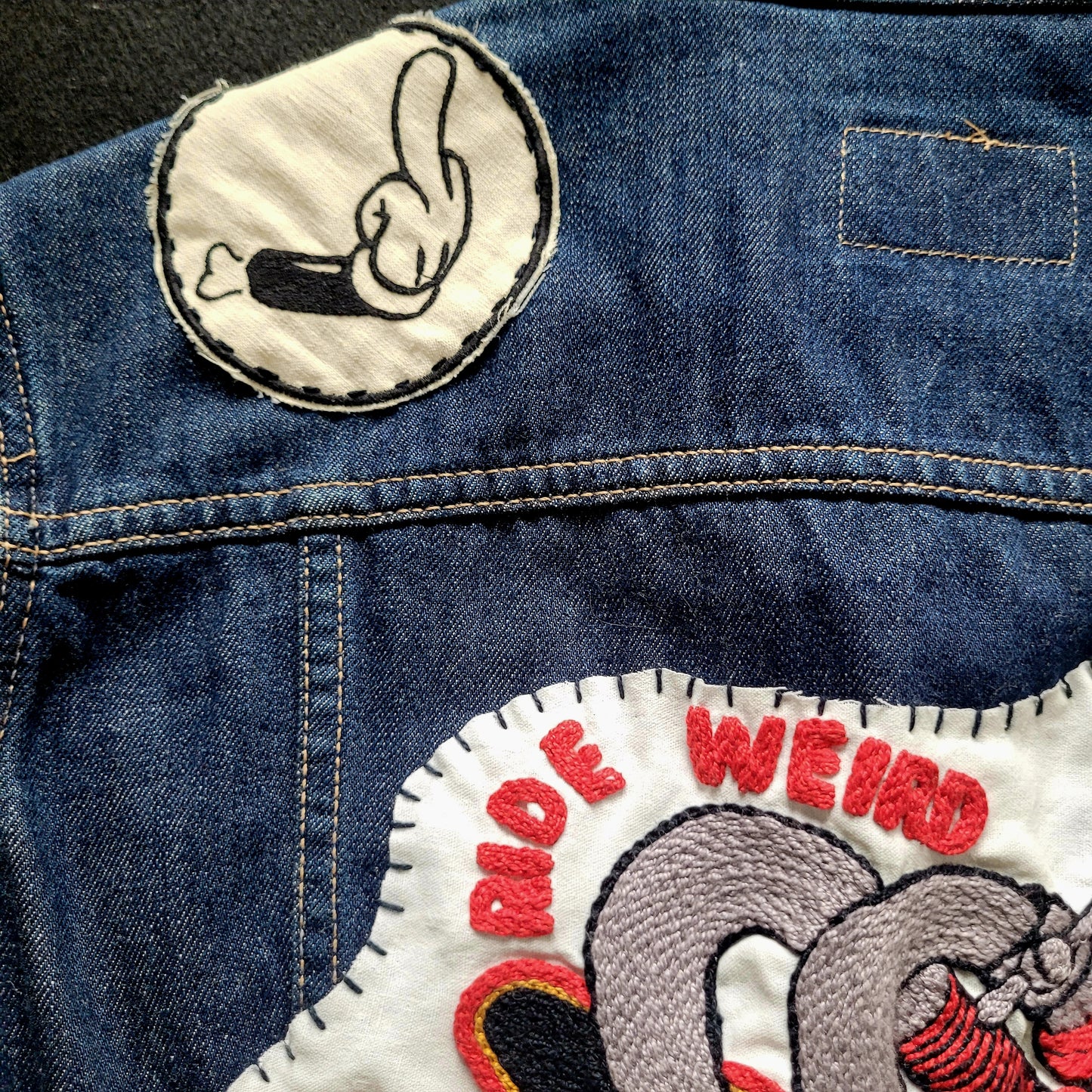 "Ride Weird to Death "Chopper Forever  chainstitched by hand Levi's Jacket/ Veste levis vintage brodée main et patchée - PUNK & COTON