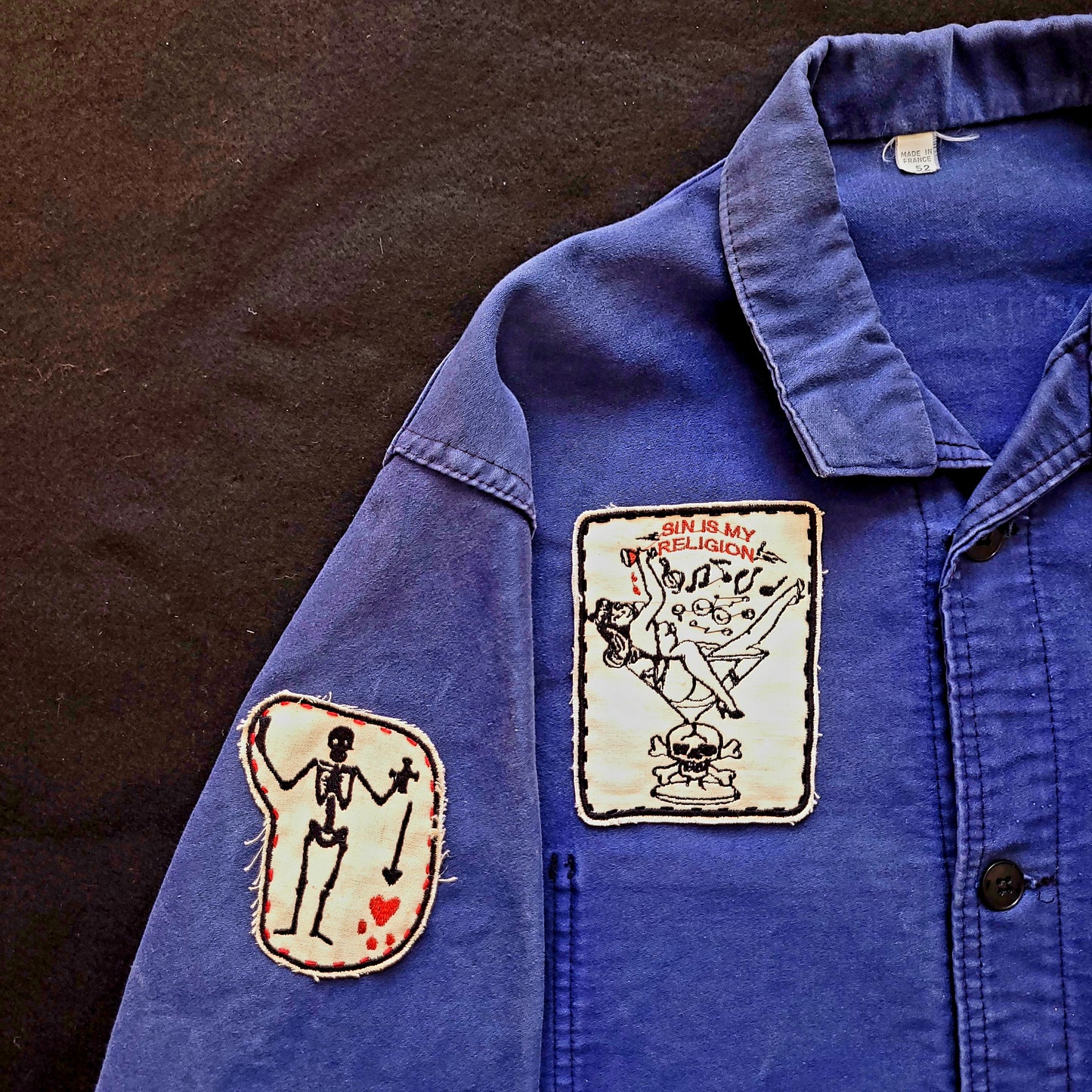 Deadstock french 50's moleskin fatigue vest hand embroidered by hand - PUNK & COTON