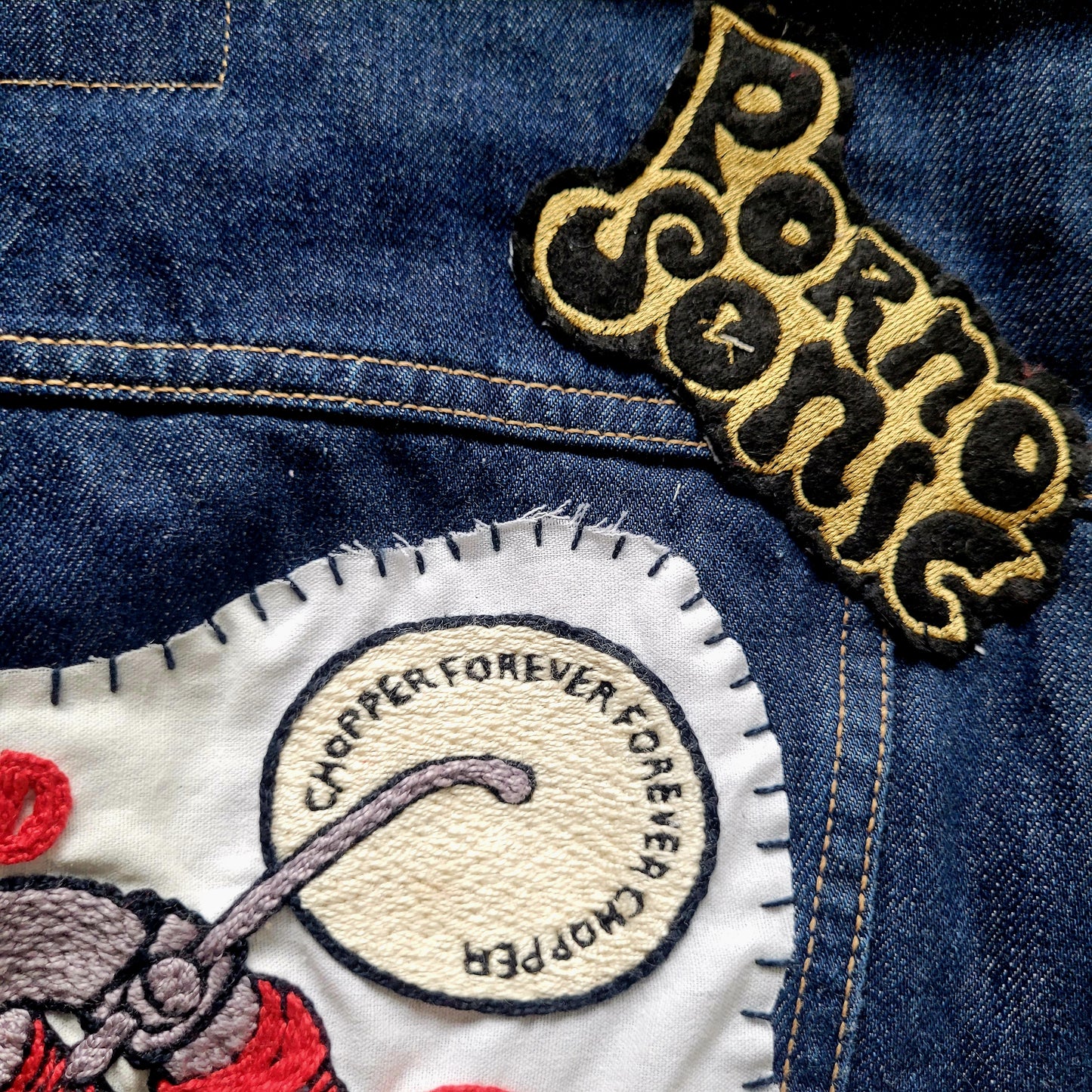 "Ride Weird to Death "Chopper Forever  chainstitched by hand Levi's Jacket/ Veste levis vintage brodée main et patchée - PUNK & COTON