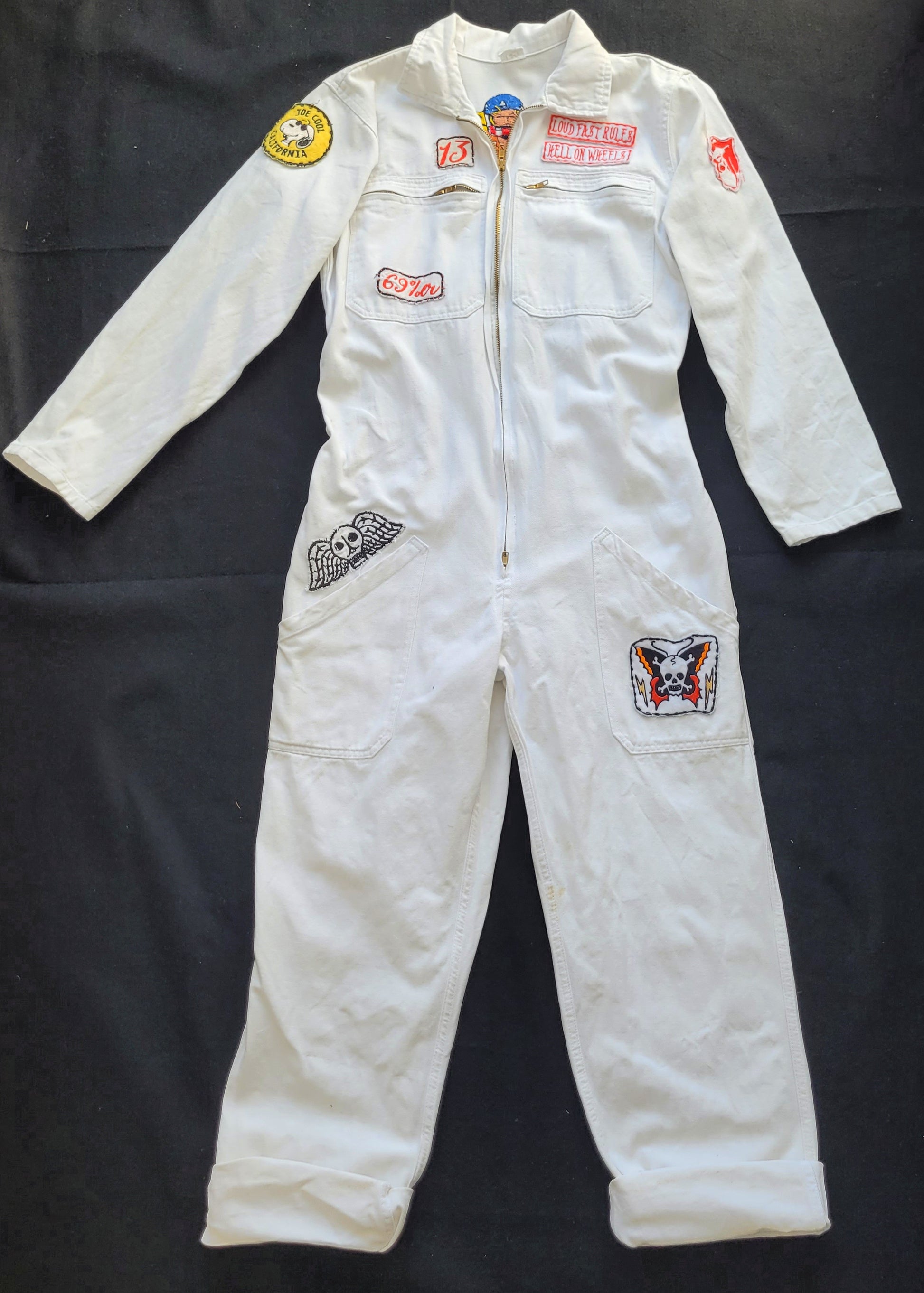 Handembroidery Vintage White Coverall "The Girl on motorcycle " signed by Punk and Coton - PUNK & COTON