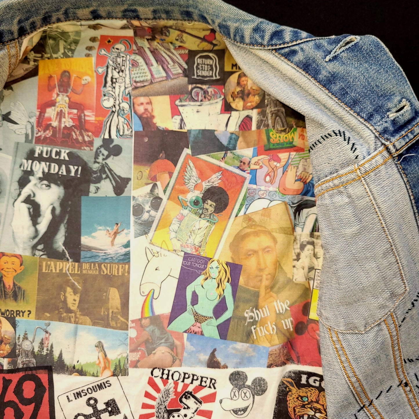 Biker gang cut handembroidered with sin printed liner/veste sans manche Levis avec broderie, patchs et doublure interne - PUNK & COTON