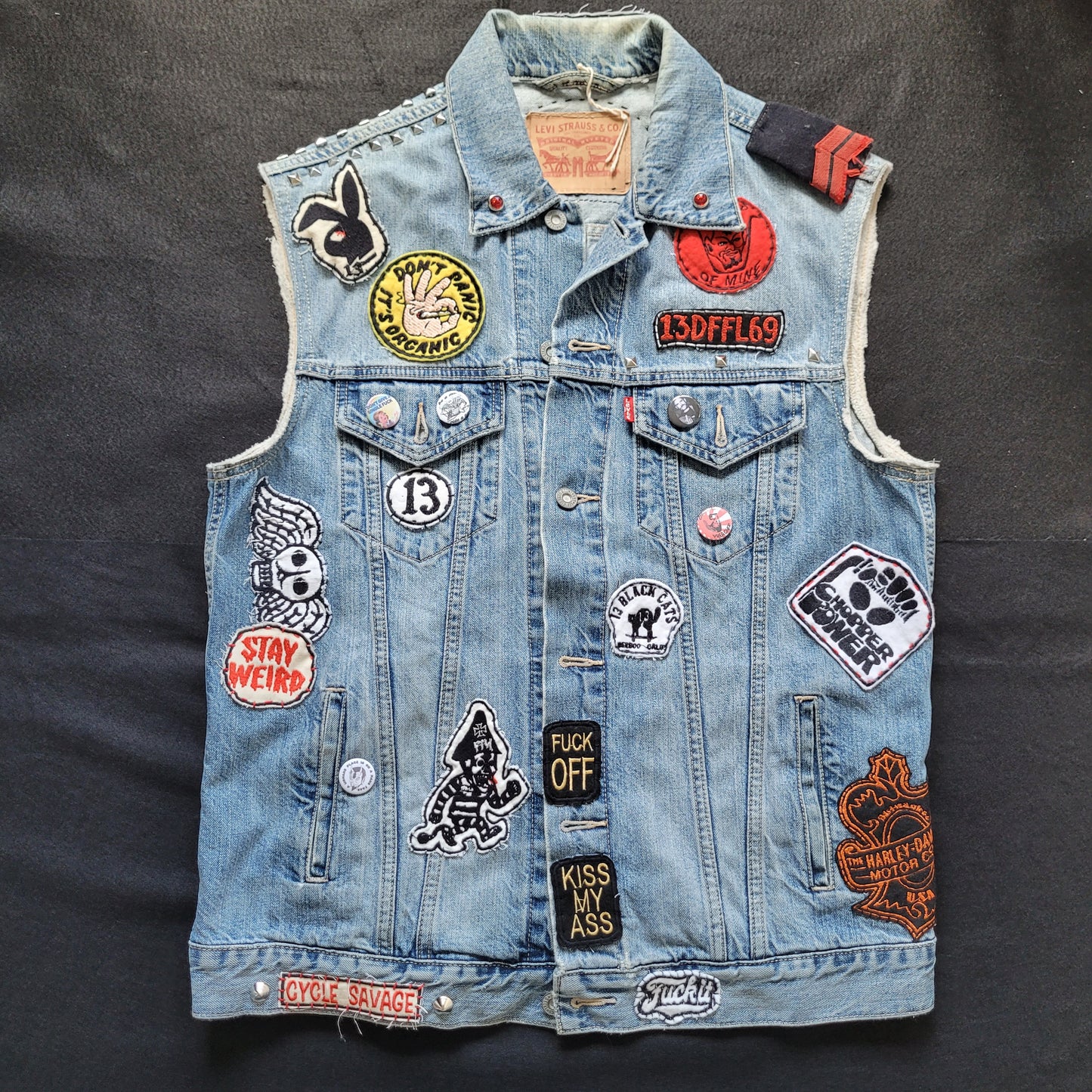 Handpainted Levi's Jacket "Rat Fink Choppers" / Veste sans manches Levi's peinte à la main - PUNK & COTON