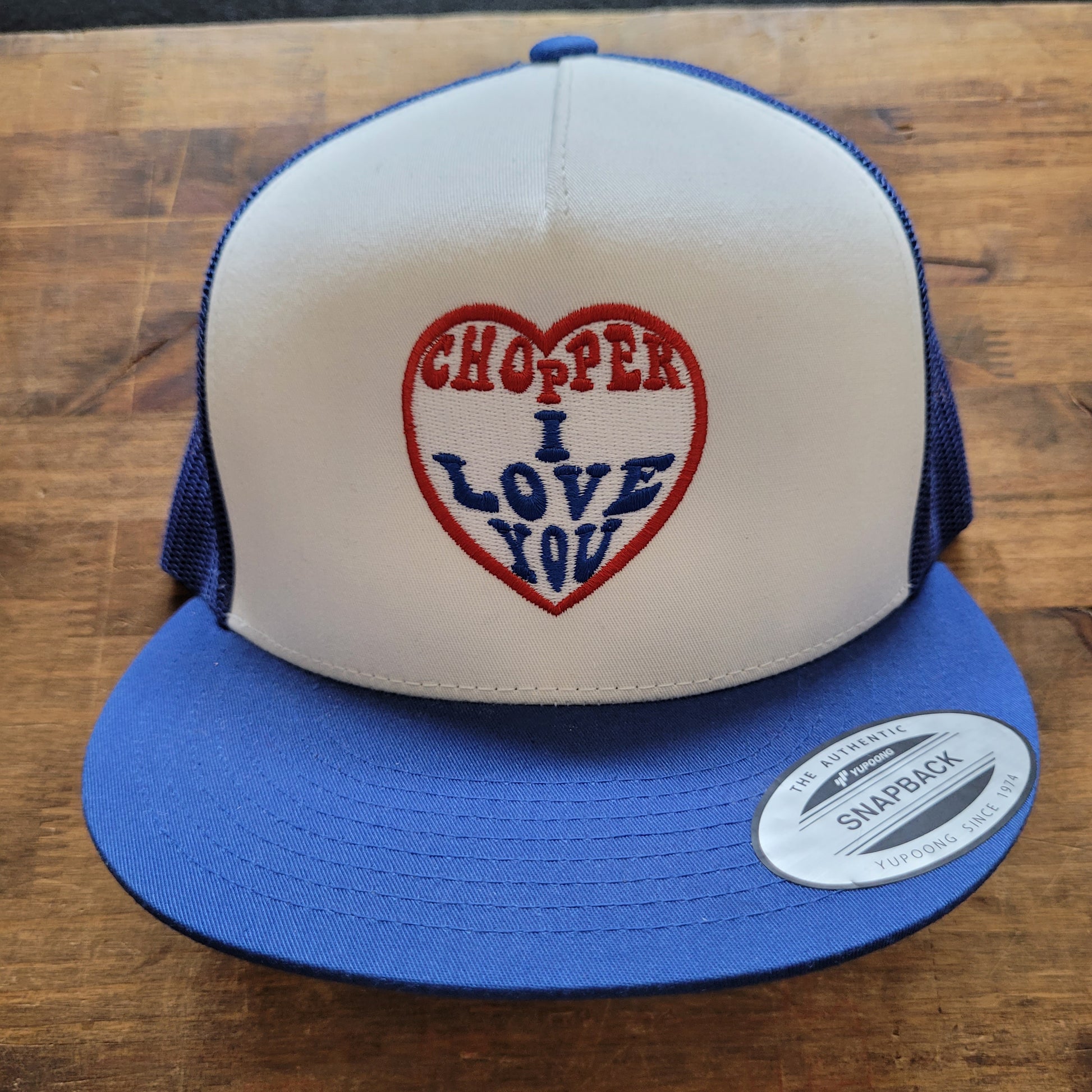 Trucker Cap  Brodé "CHOPPER I LOVE YOU" Version Fond Blanc / Bleu - PUNK & COTON