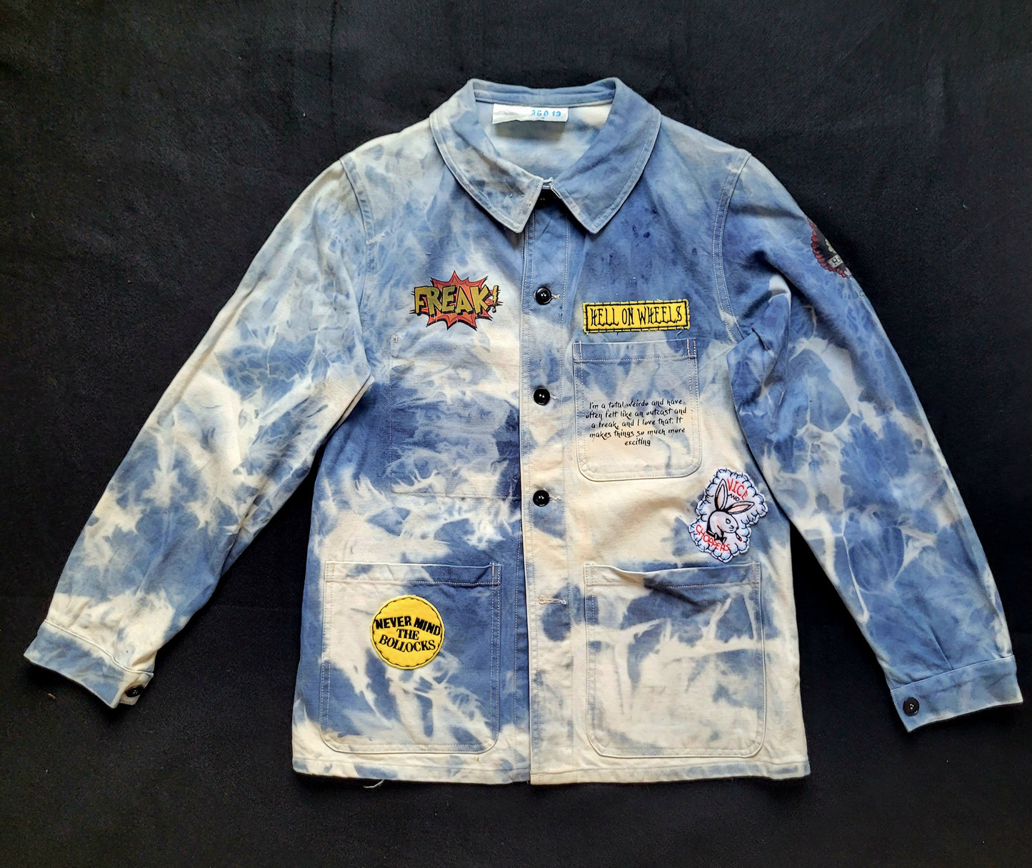 New French Workwear Jacket bleached in loving  memory to the artist Pan signed by the Shop Punk and Coton