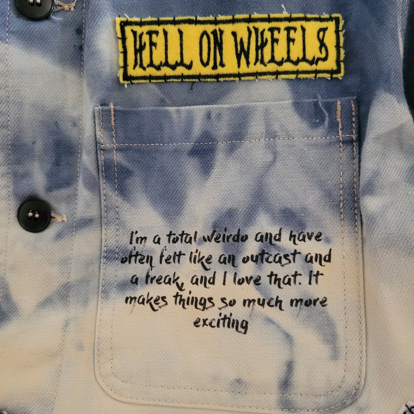 New French Workwear Jacket bleached in loving  memory to the artist Pan signed by the Shop Punk and Coton