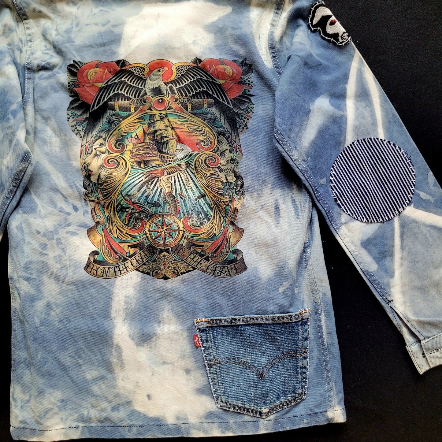 Veste de Travail française personnalisée "Old School tattoo The Sea" & Boro / Sashiko by Sophie - PUNK & COTON