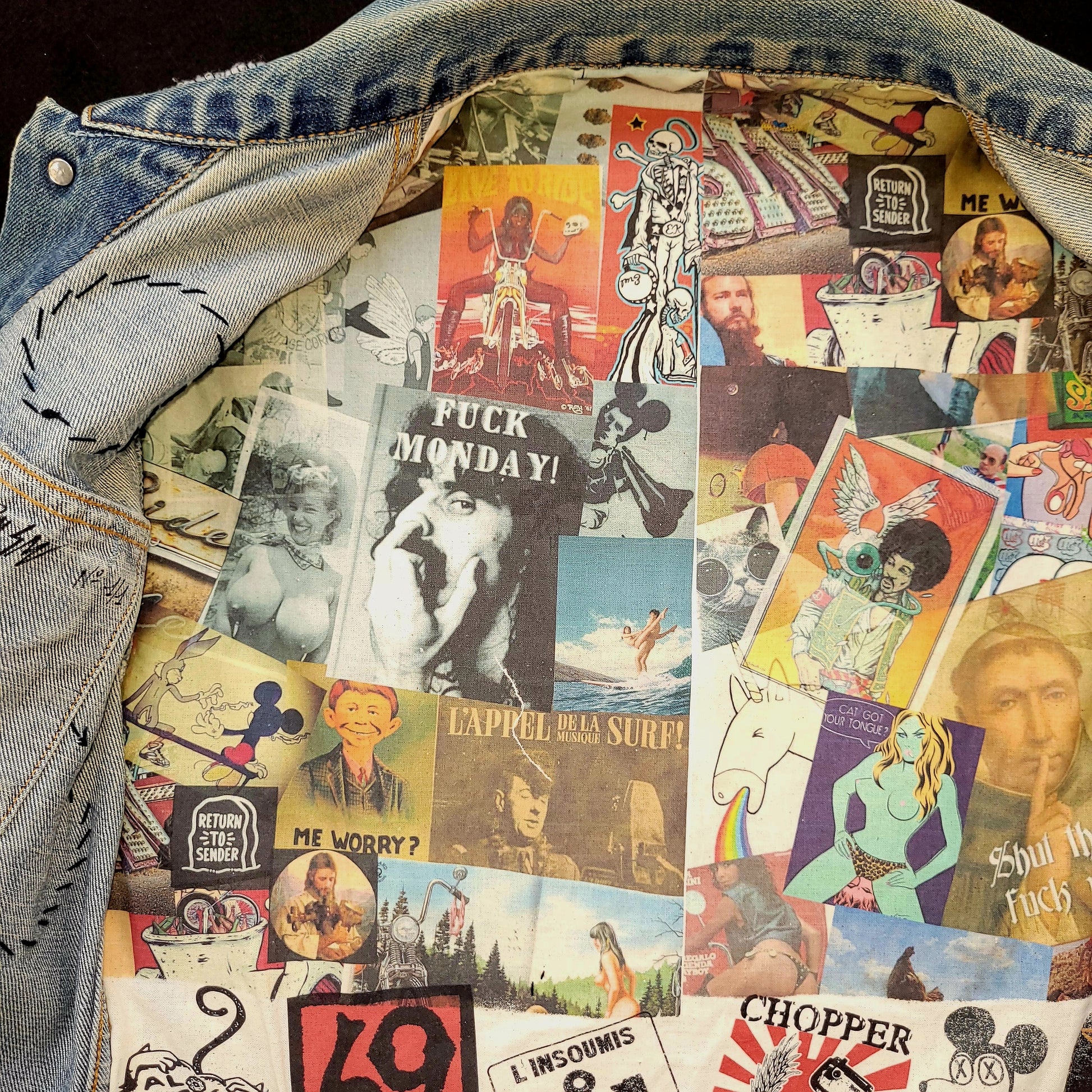 Biker gang cut handembroidered with sin printed liner/veste sans manche Levis avec broderie, patchs et doublure interne - PUNK & COTON