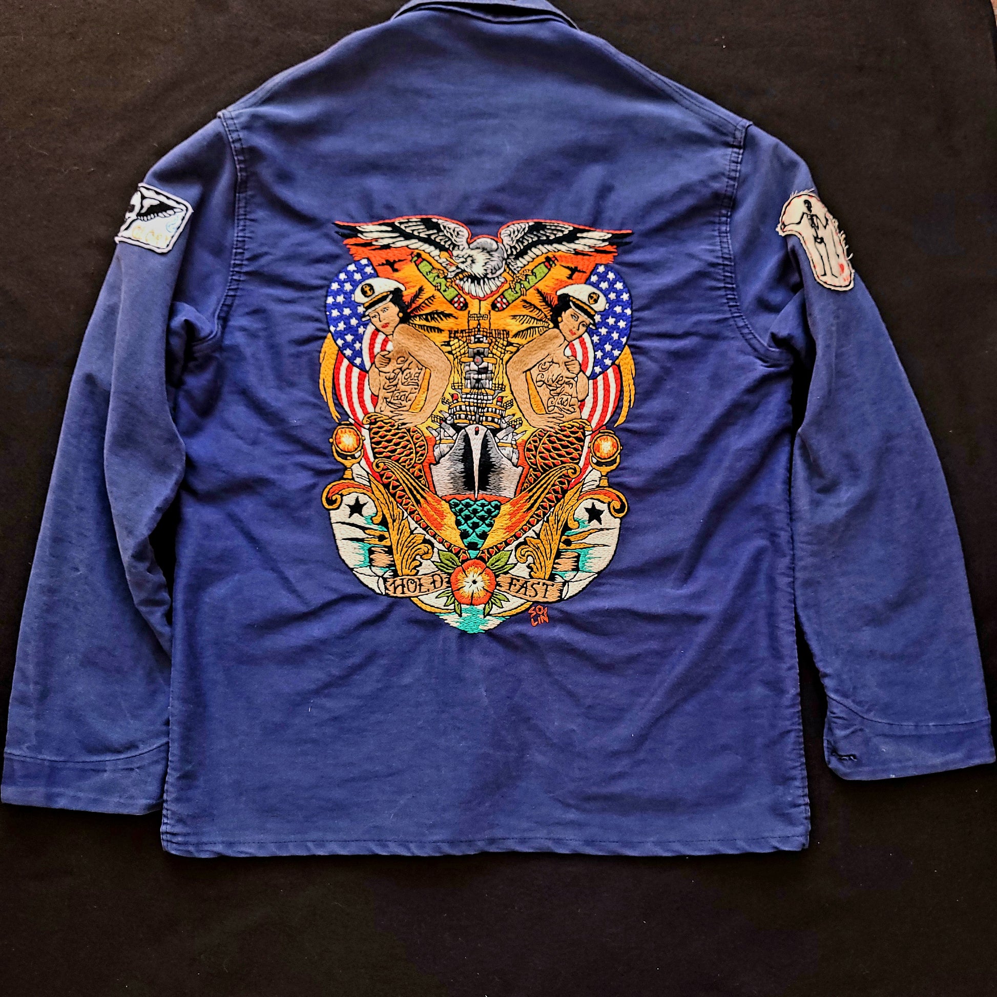 Deadstock french 50's moleskin fatigue vest hand embroidered by hand - PUNK & COTON