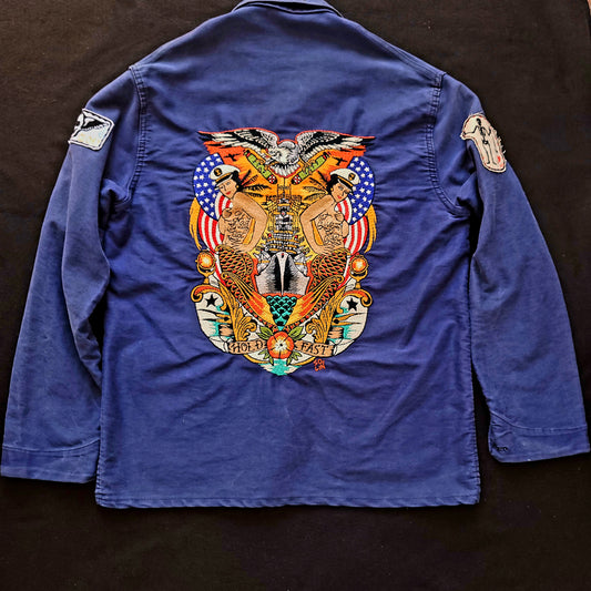 Deadstock french 50's moleskin fatigue vest hand embroidered by hand - PUNK & COTON