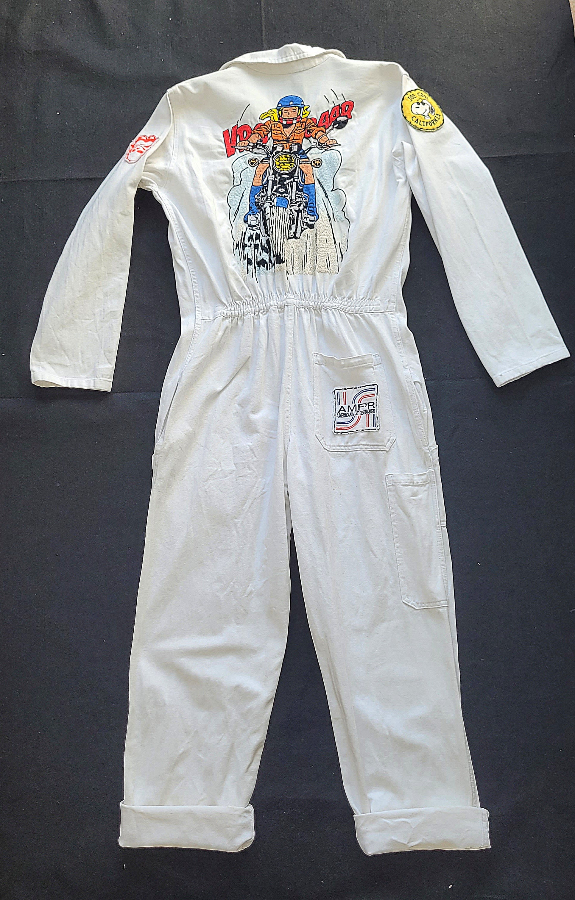 Handembroidery Vintage White Coverall "The Girl on motorcycle " signed by Punk and Coton - PUNK & COTON