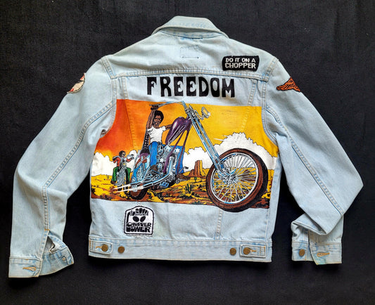 Handpainted Lee "Blacklight Chopper Motorcycle " in memory by Barry Lynn Hanson 1972 signed by the Shop Punk and Coton & Sophie - PUNK & COTON