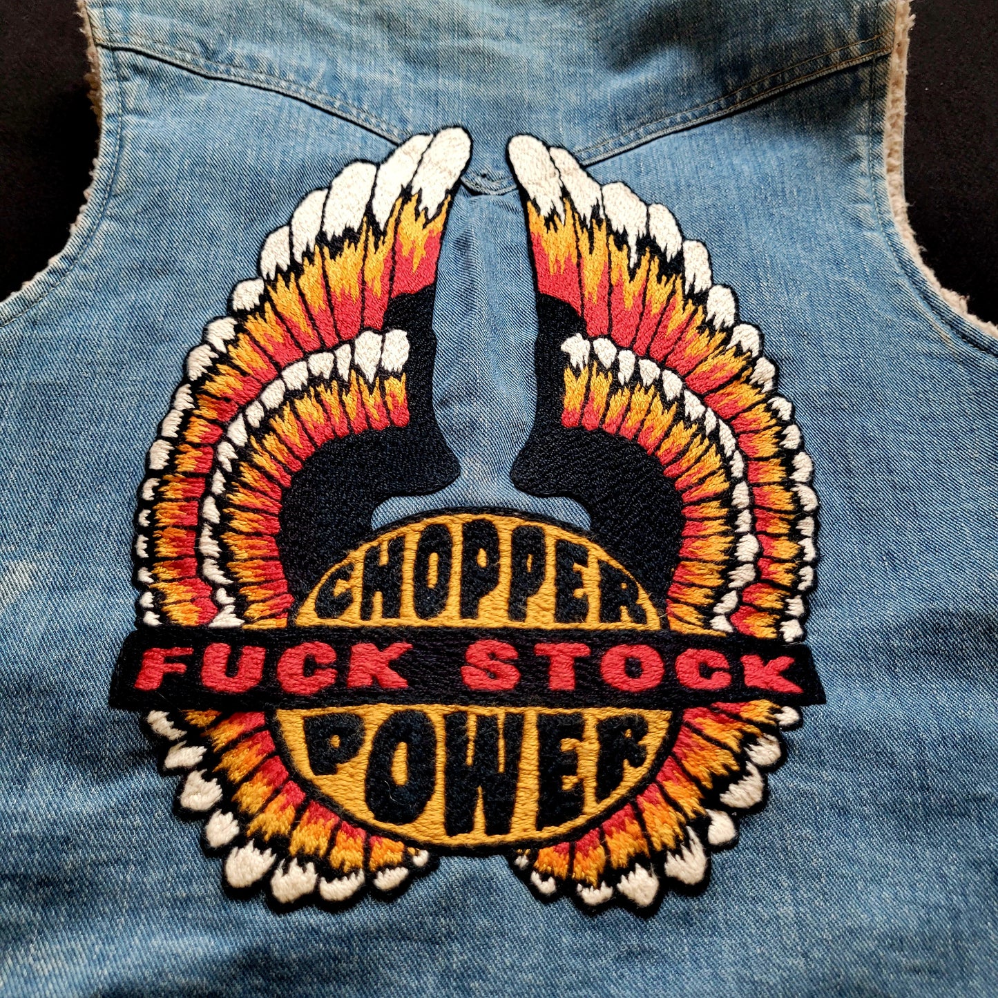 Jacket Storm Rider "Chopper Power Fuck Stock" brodée à la main par Sophie - PUNK & COTON